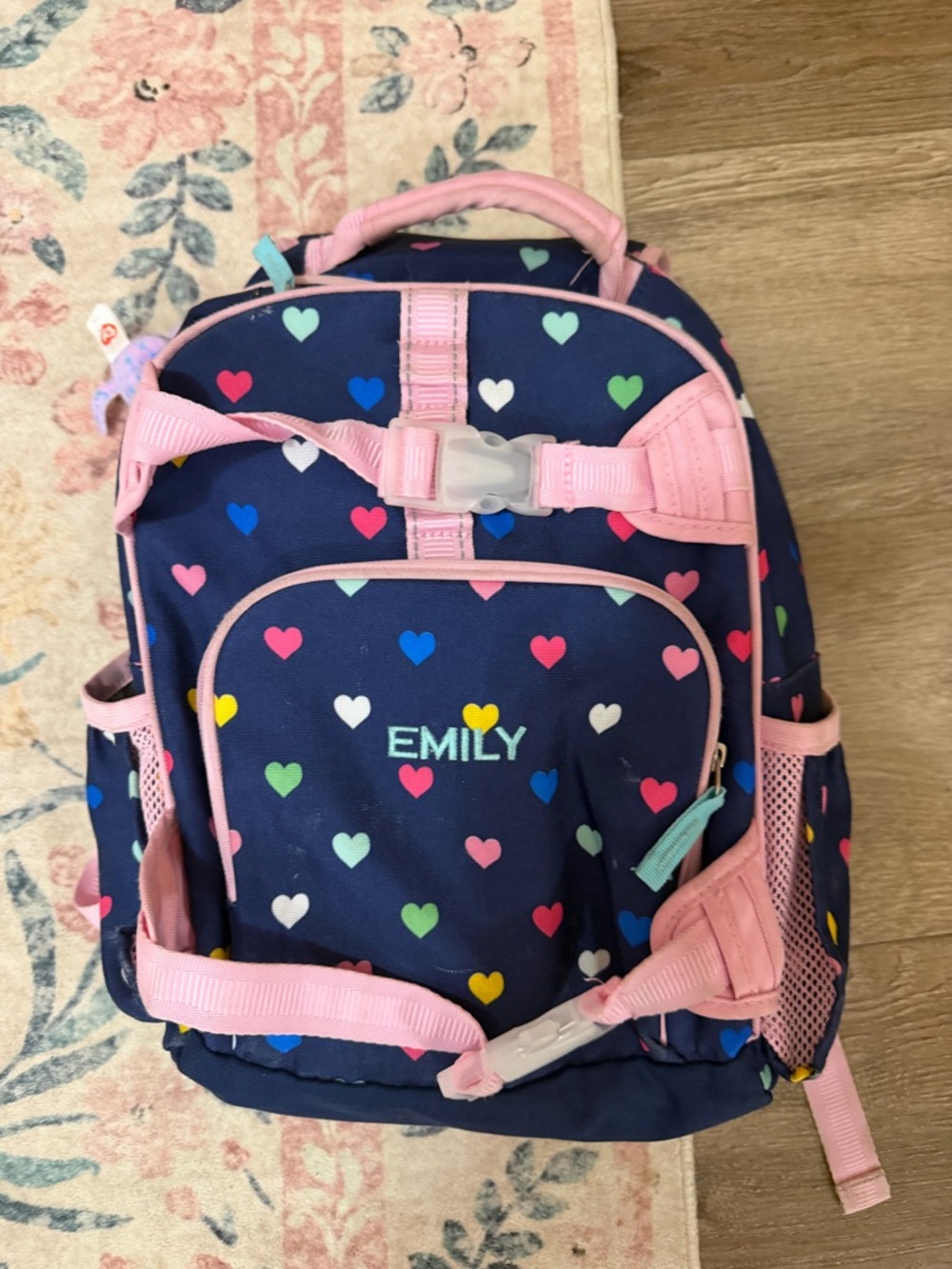 Pottery Barn Kids Navy Blue Backpack with Pink Trim and Multi-Color Hearts